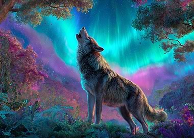 Howling Wolf Under Aurora Borealis