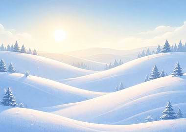 Winter Snowscape with Sun and Trees