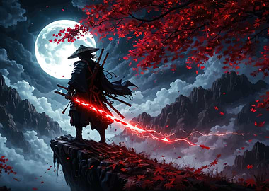 Samurai with Red Sword under Moonlight
