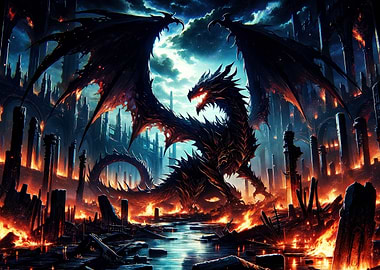 Dragon in a Burning Cityscape