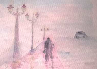 Misty street with lampposts and figures