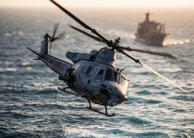 Helicopter flying over the ocean