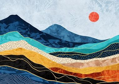 Abstract Mountain Landscape with Sun