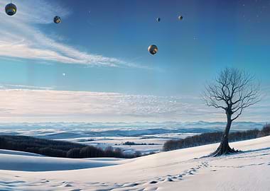 Surreal Winter Landscape with Celestial Orbs