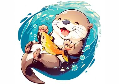 Cute Otter Holding a Fish