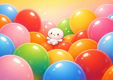 Cute Character Among Colorful Balloons