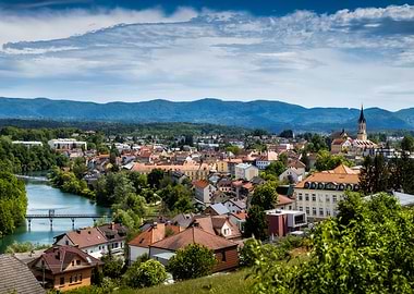 Panoramic View of a European Town by a River