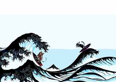 Cats Surfing on Great Wave