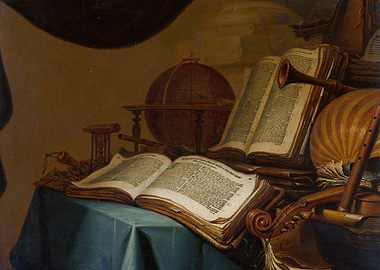 Still life with books and musical instruments