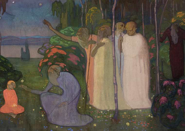 Mystical figures in a moonlit forest