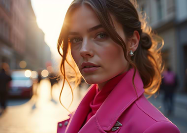 Woman in Pink Coat in City