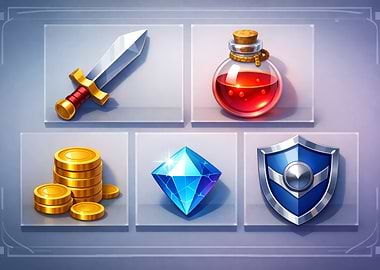 Fantasy game icons: sword, potion, coins, gem, shield