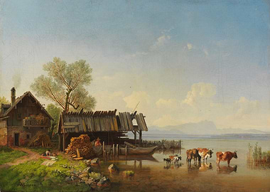 Rural Lakeside Scene with Cattle