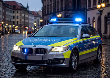 German Police Car on Wet Street