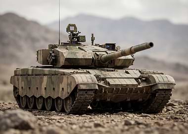 Camouflaged Tank in Desert Landscape