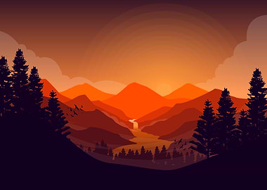 Sunset Over Mountain Range with River