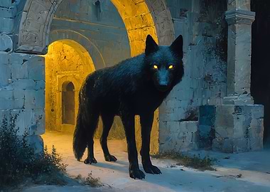Black wolf with glowing eyes in ruins