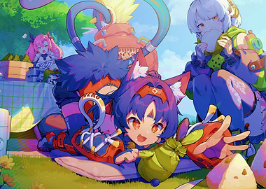 Anime characters having a picnic