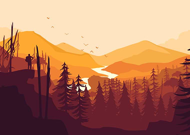 Hiker overlooking a mountain valley at sunset