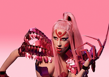Lady Gaga in futuristic pink and red outfit