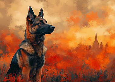 German Shepherd in a fiery landscape