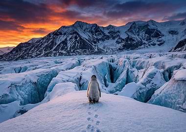 Penguin on a Glacier at Sunset