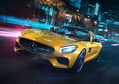 Yellow Mercedes-AMG GT Driving at Night