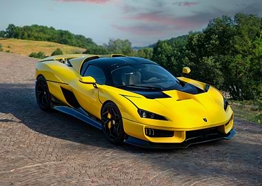 Yellow supercar on a cobblestone road