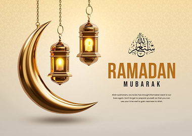 Ramadan Mubarak Crescent Moon and Lanterns