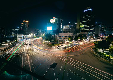 Nighttime Seoul Cityscape with Light Trails