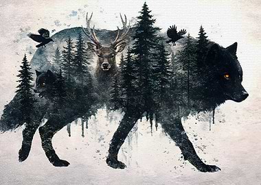 Wolf and Deer Forest Double Exposure