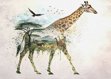 Giraffe Silhouette with African Landscape