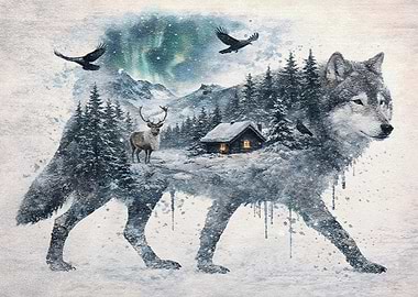 Wolf with Winter Landscape Double Exposure
