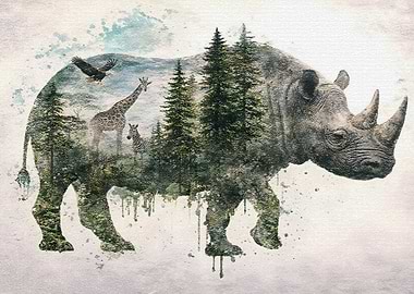 Double Exposure Rhino with Forest and Animals
