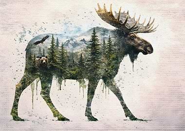 Double Exposure Moose with Forest and Wildlife