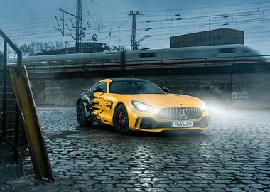 Yellow Mercedes-AMG GT R on Cobblestone Street