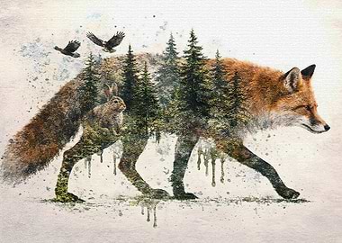 Double Exposure Fox and Forest