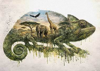Chameleon with African Landscape