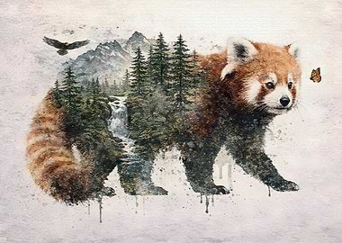 Red Panda Forest Waterfall Double Exposure