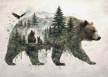 Double Exposure Bear Forest Landscape
