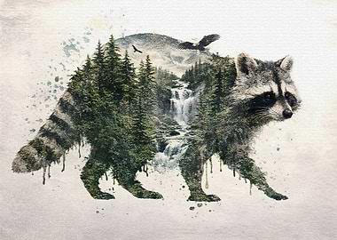 Raccoon with Forest Landscape