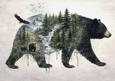 Bear with Forest and Waterfall Landscape
