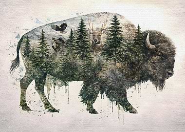 Bison Double Exposure Nature Scene
