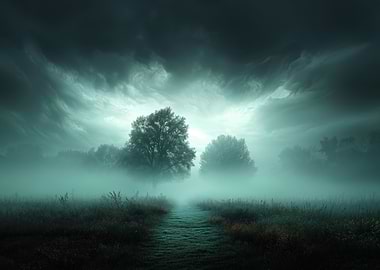 Misty forest path at dawn