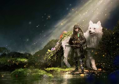 beast Warrior and White Wolf in Enchanted Forest
