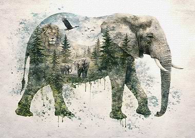 Elephant Double Exposure Nature Scene