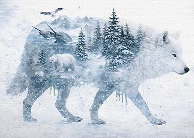 Arctic Wolf with Winter Landscape