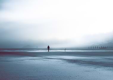 Lone figure walks on misty beach with dog
