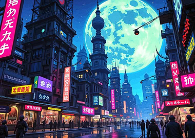 Cyberpunk Cityscape at Night with Giant Moon
