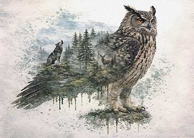 Double Exposure Owl and Forest Scene